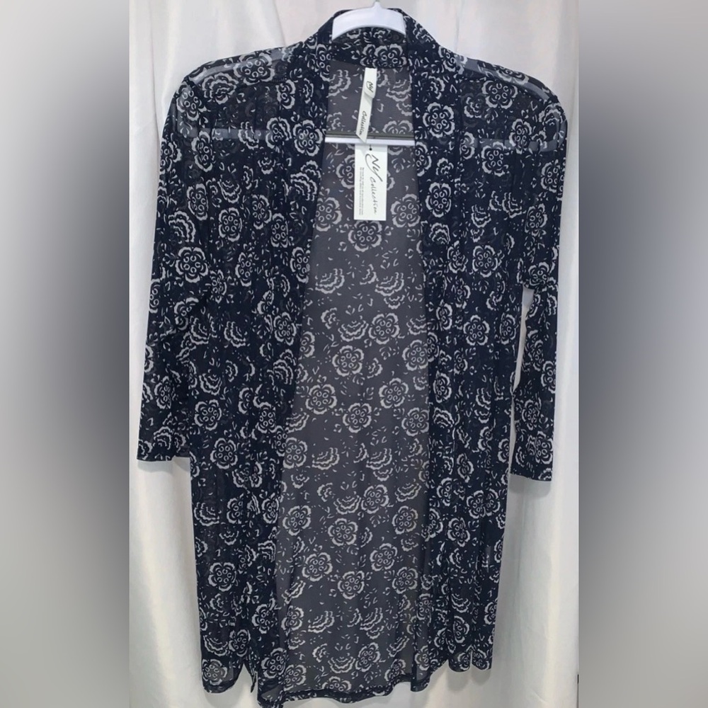 NY Collection NEW Kimono Open Duster Wrap Navy White Floral Sheer Medium